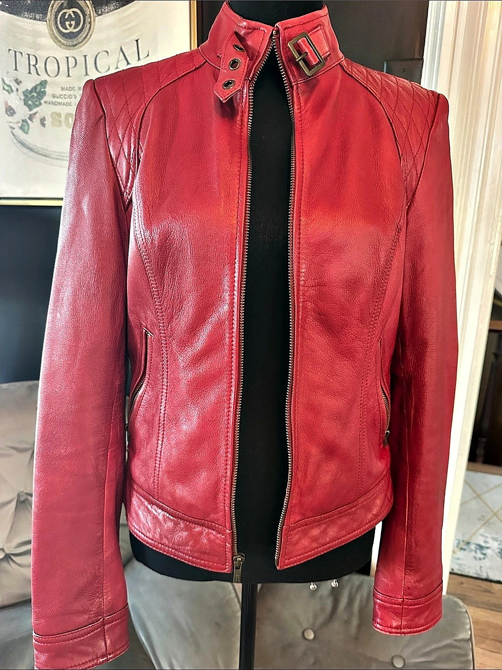 Black Rivet Red Leather-Style Moto Jacket Size Small Like New
